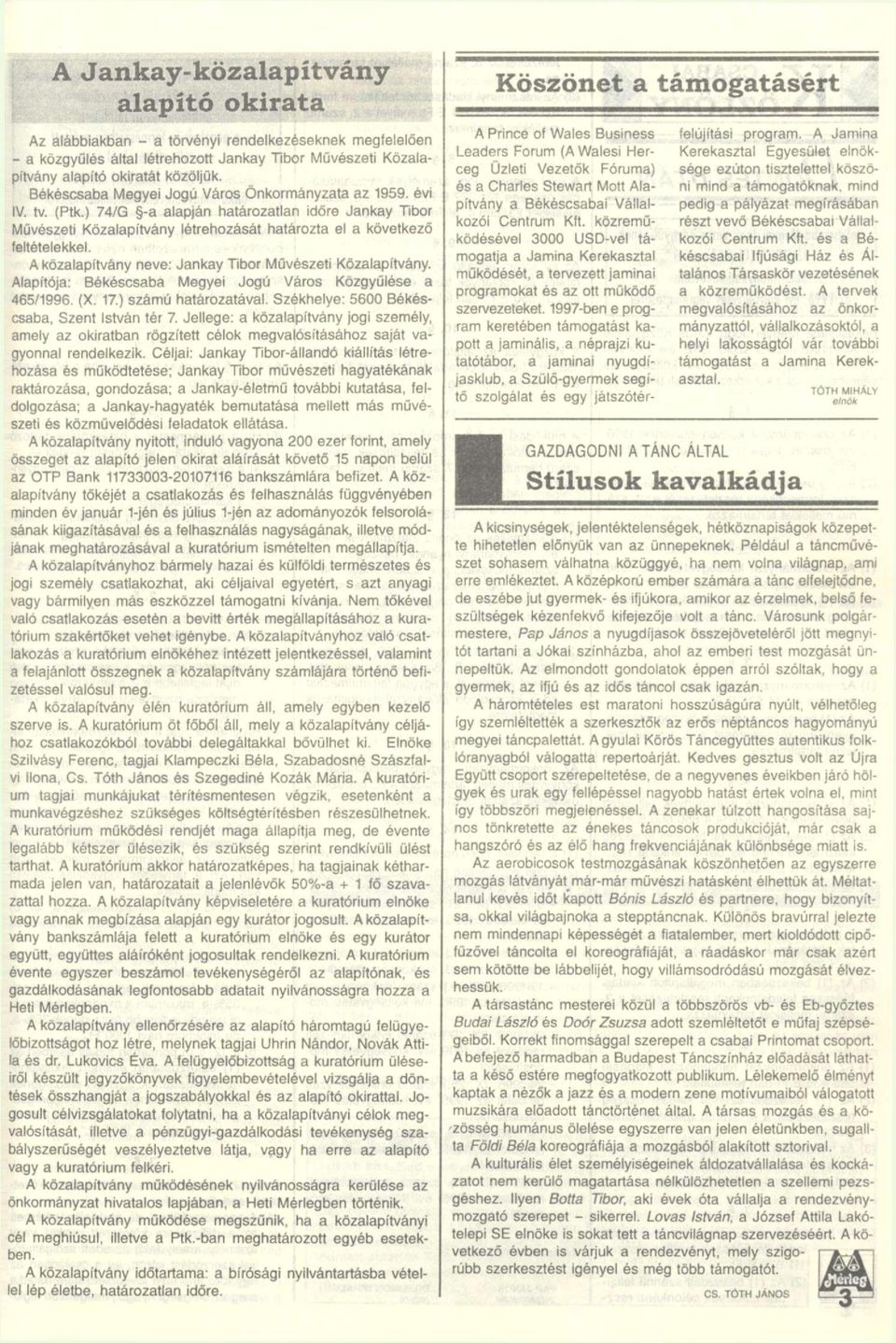 A közalapítvány neve: Jankay Tibor Művészeti Közalapítvány. Alapítója: Békéscsaba Megyei Jogú Város Közgyűlése a 465/1996. (X. 17.) számú határozatával. Székhelye: 5600 Békéscsaba, Szent István tér 7.