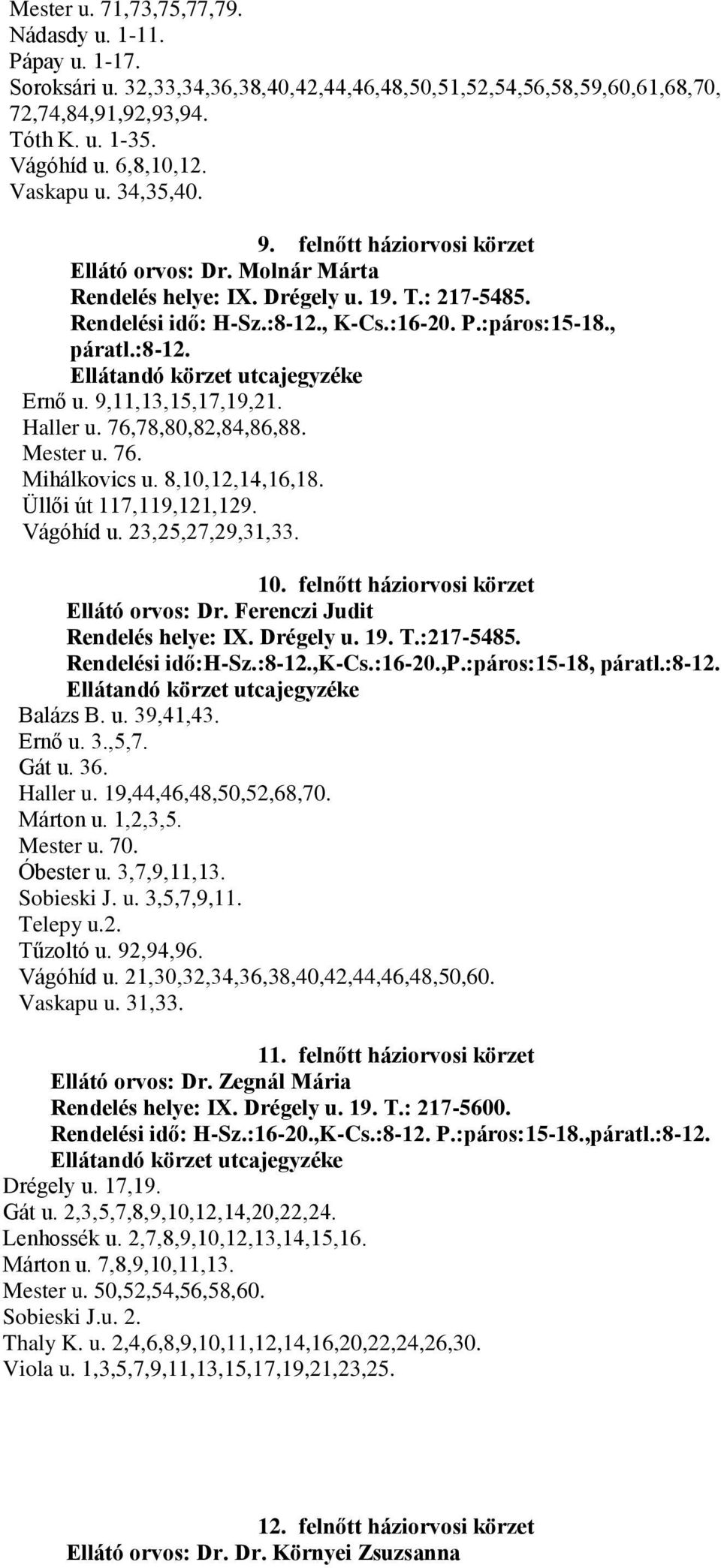 :8-12. Ernő u. 9,11,13,15,17,19,21. Haller u. 76,78,80,82,84,86,88. Mester u. 76. Mihálkovics u. 8,10,12,14,16,18. Üllői út 117,119,121,129. Vágóhíd u. 23,25,27,29,31,33. 10.