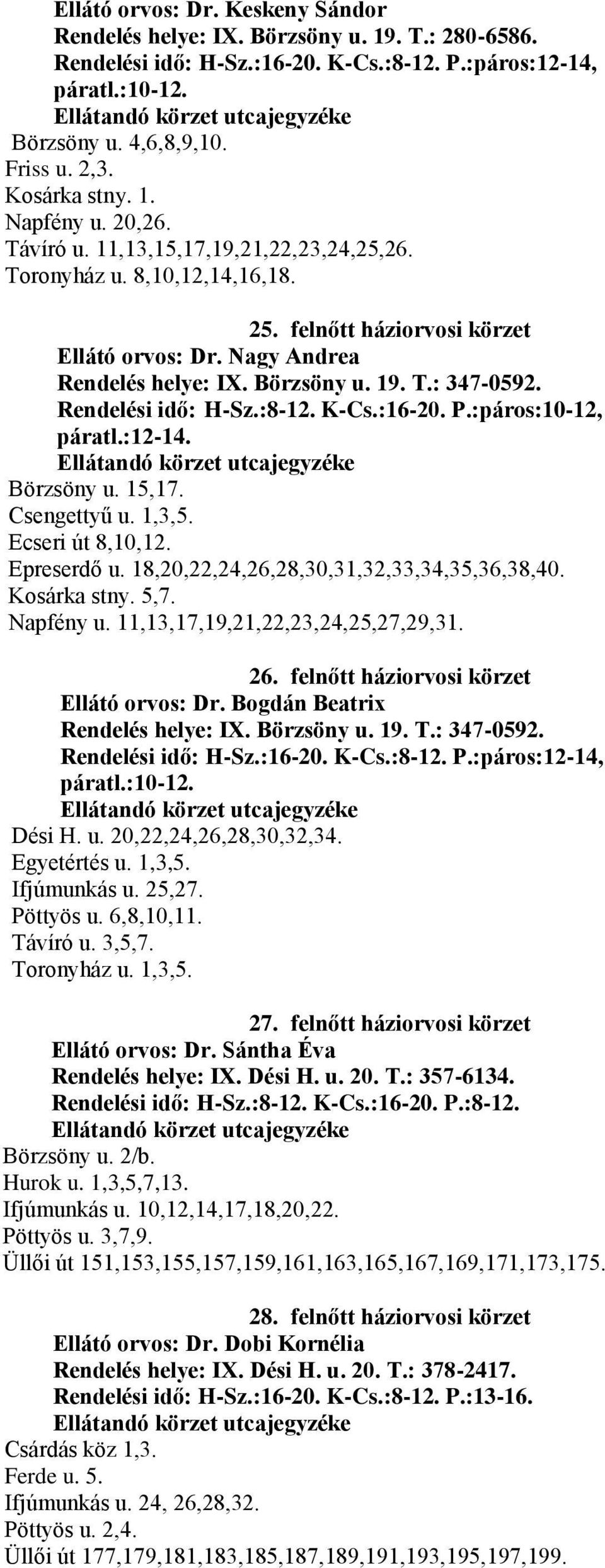 Börzsöny u. 19. T.: 347-0592. Rendelési idő: H-Sz.:8-12. K-Cs.:16-20. P.:páros:10-12, páratl.:12-14. Börzsöny u. 15,17. Csengettyű u. 1,3,5. Ecseri út 8,10,12. Epreserdő u.