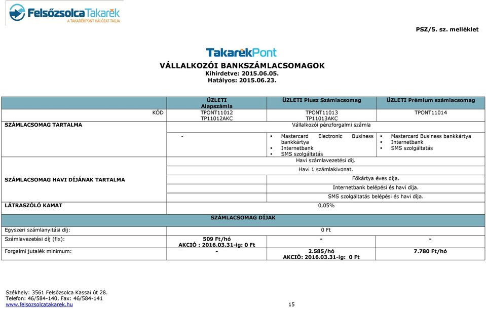 HAVI DÍJÁNAK TARTALMA - Mastercard Electronic Business bankkártya Internetbank SMS szolgáltatás Havi számlavezetési díj. Havi 1 számlakivonat.