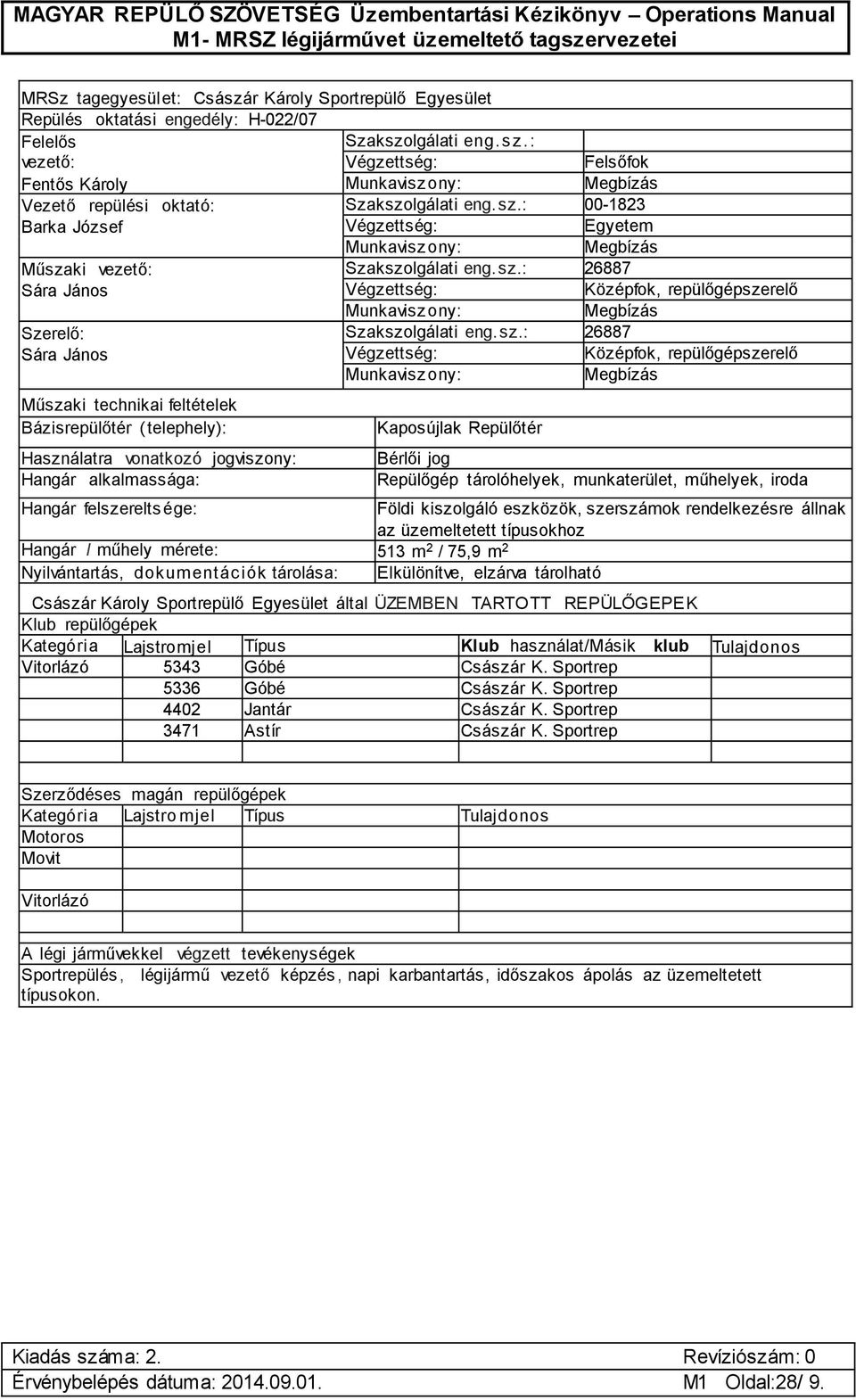 Károly Sportrepülő Egyesület által ÜZEMBEN TARTOTT REPÜLŐGEPEK 5343 Góbé Császár K. Sportrep 5336 Góbé Császár K.