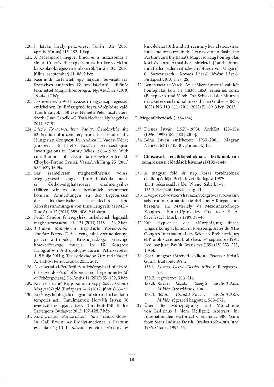 Személyes emlékeim Dienes Istvánról, különös tekintettel Magyarhomorogra. NyJAMÉ 52 (2010) 19 44, 17 kép. 123. Észrevételek a 9 11. századi magyarság régészeti emlékeihez.