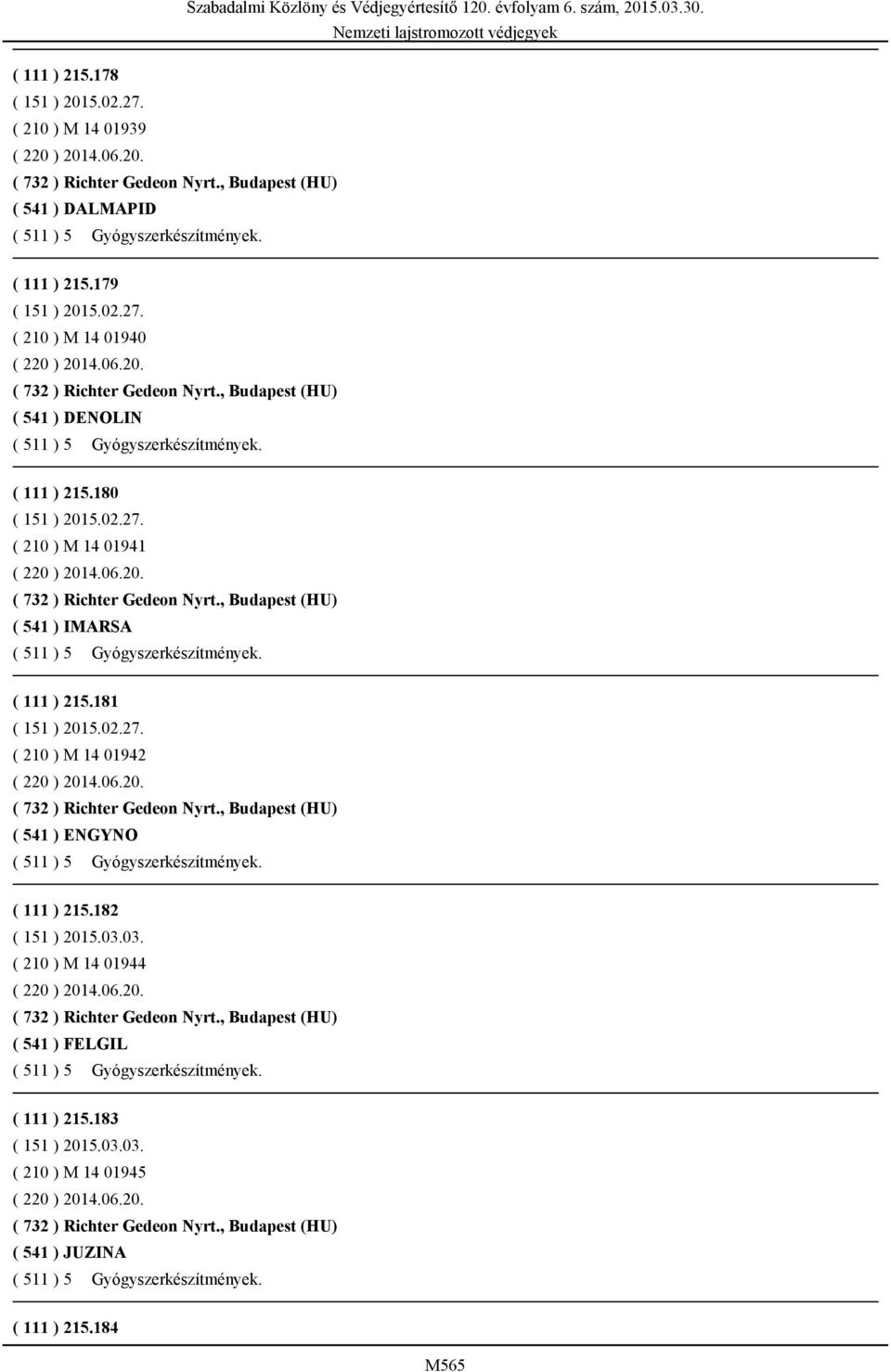 180 ( 210 ) M 14 01941 ( 541 ) IMARSA ( 111 ) 215.