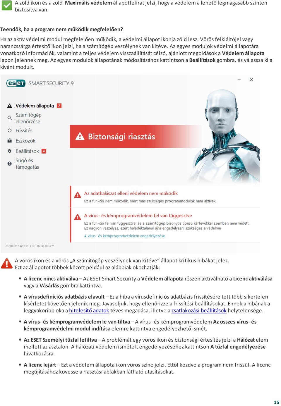 Az egyes modulok védelmi állapotára vonatkozó információk, valamint a teljes védelem visszaállítását célzó, ajánlott megoldások a Védelem állapota lapon jelennek meg.