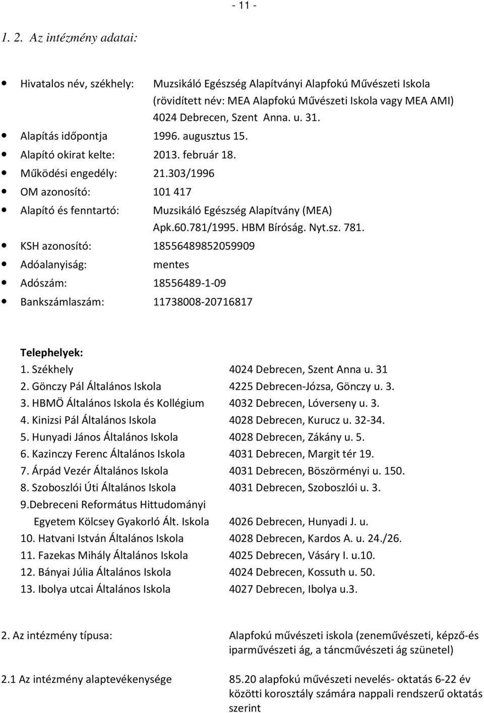 Alapítás időpontja 1996. augusztus 15. Alapító okirat kelte: 2013. február 18. Működési engedély: 21.303/1996 OM azonosító: 101 417 Alapító és fenntartó: Muzsikáló Egészség Alapítvány (MEA) Apk.60.