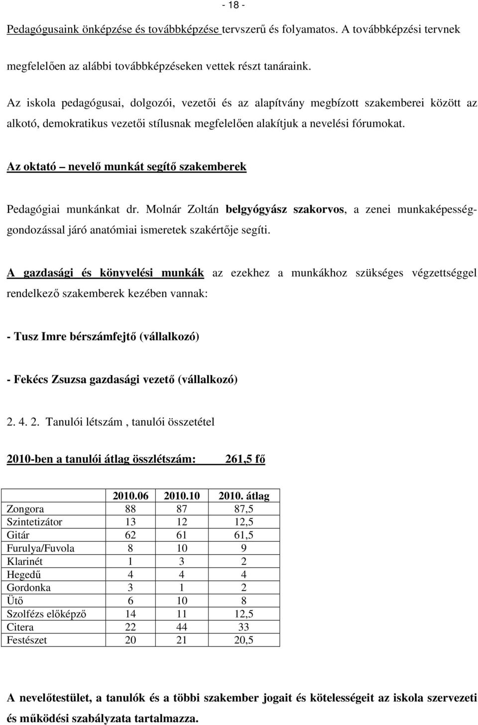 Az oktató nevelő munkát segítő szakemberek Pedagógiai munkánkat dr. Molnár Zoltán belgyógyász szakorvos, a zenei munkaképességgondozással járó anatómiai ismeretek szakértője segíti.