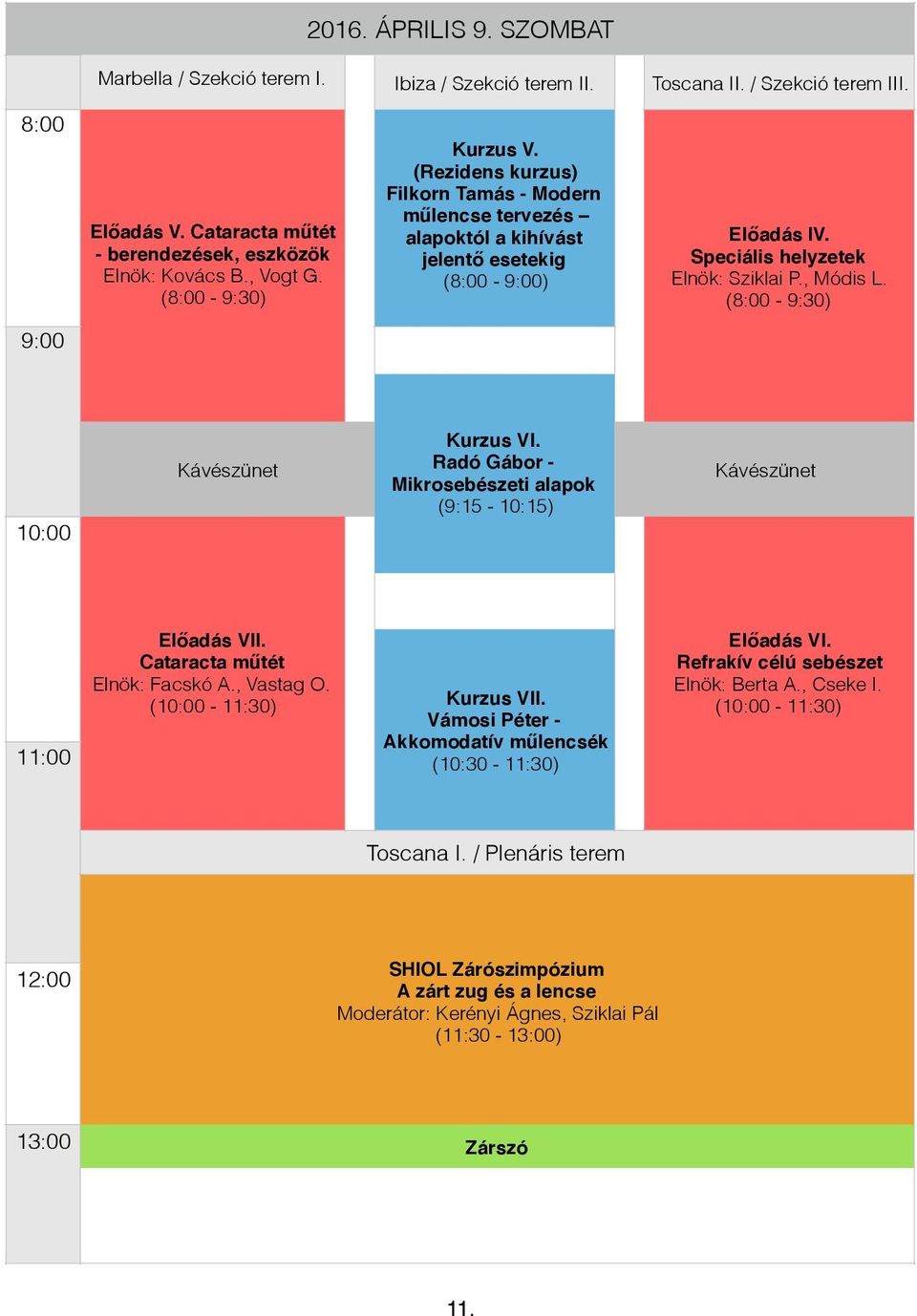 (8:00-9:30) 9:00 10:00 Kávészünet Kurzus VI. Radó Gábor - Mikrosebészeti alapok (9:15-10:15) Kávészünet 11:00 Előadás VII. Cataracta műtét Elnök: Facskó A., Vastag O. (10:00-11:30) Kurzus VII.