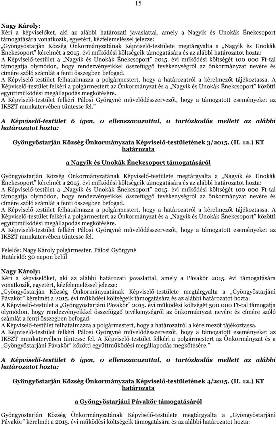 évi működési költségét 100 000 Ft-tal támogatja olymódon, hogy rendezvényeikkel összefüggő tevékenységről az önkormányzat nevére és címére szóló számlát a fenti összegben befogad.