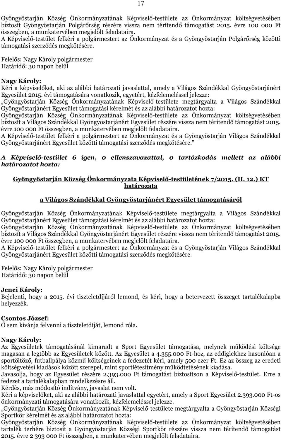 Határidő: 30 napon belül Kéri a képviselőket, aki az alábbi határozati javaslattal, amely a Világos Szándékkal Gyöngyöstarjánért Egyesület 2015.