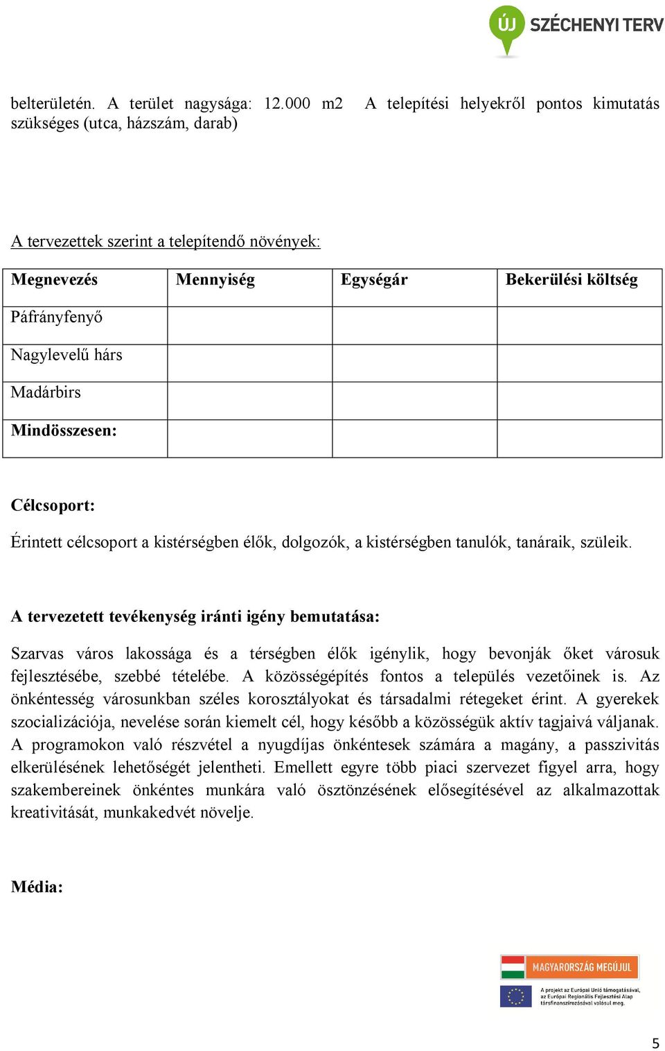 hárs Madárbirs Mindösszesen: Célcsoport: Érintett célcsoport a kistérségben élők, dolgozók, a kistérségben tanulók, tanáraik, szüleik.