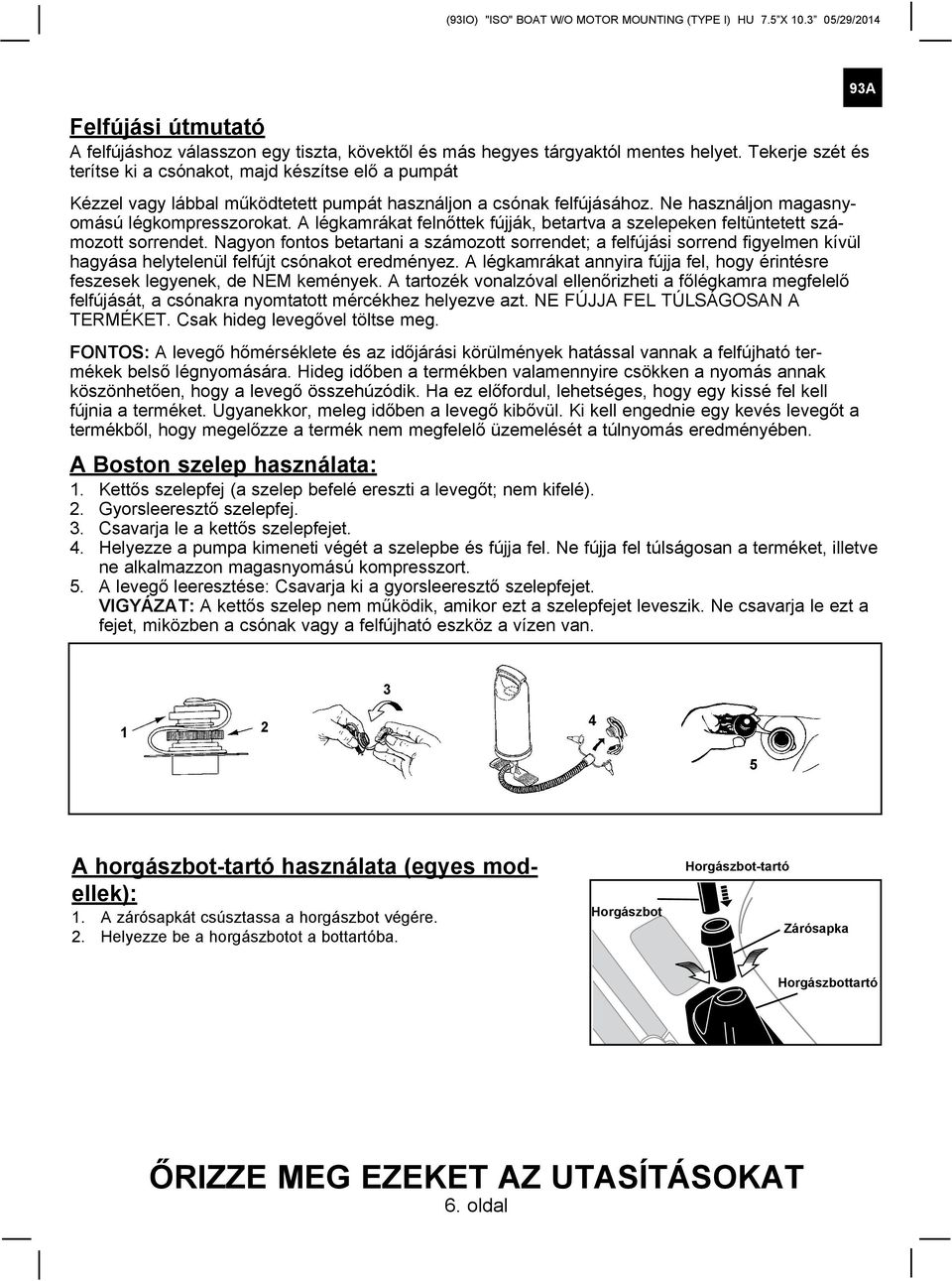 A légkamrákat felnőttek fújják, betartva a szelepeken feltüntetett számozott sorrendet.