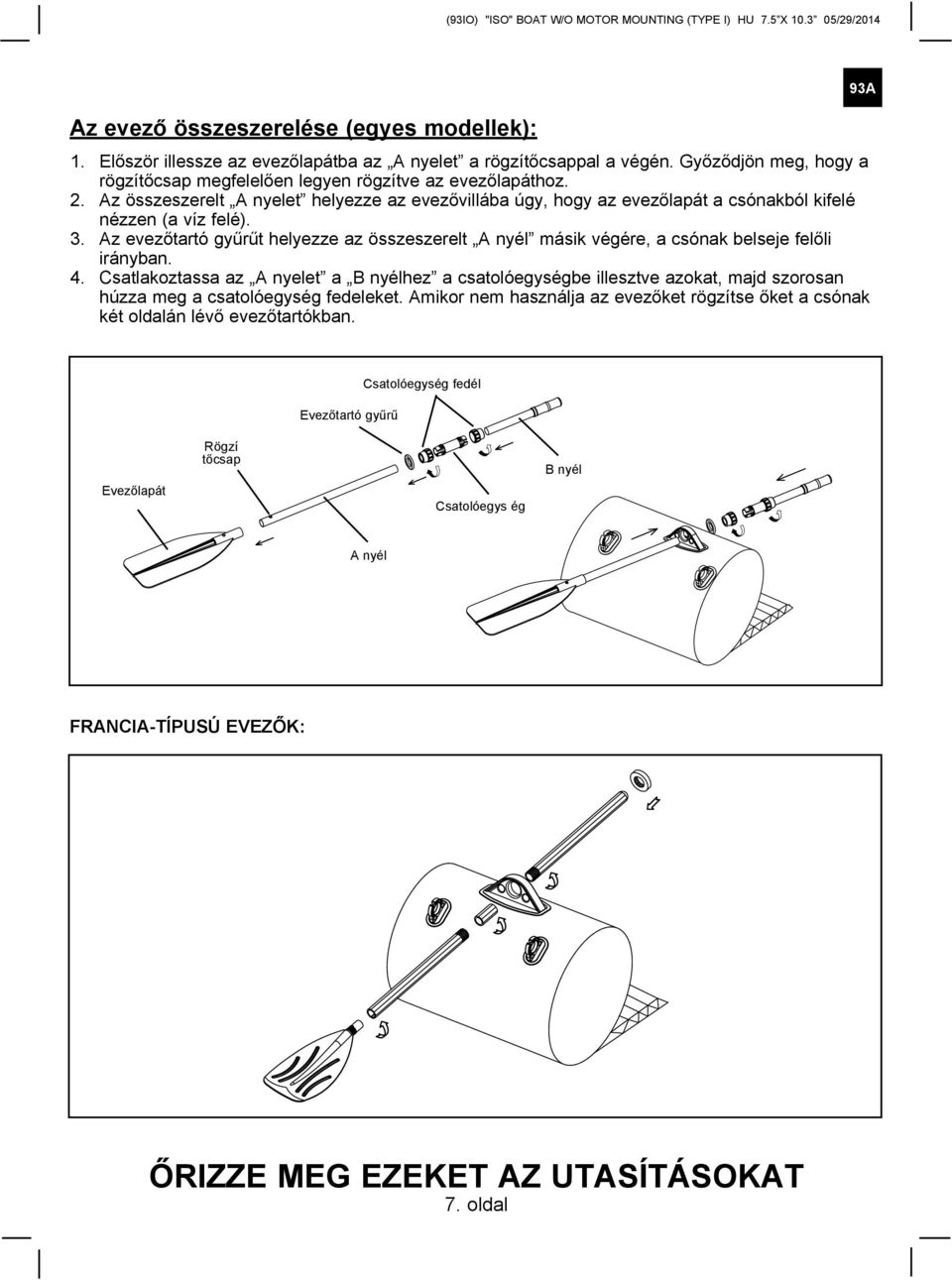 Az összeszerelt A nyelet helyezze az evezővillába úgy, hogy az evezőlapát a csónakból kifelé nézzen (a víz felé). 3.