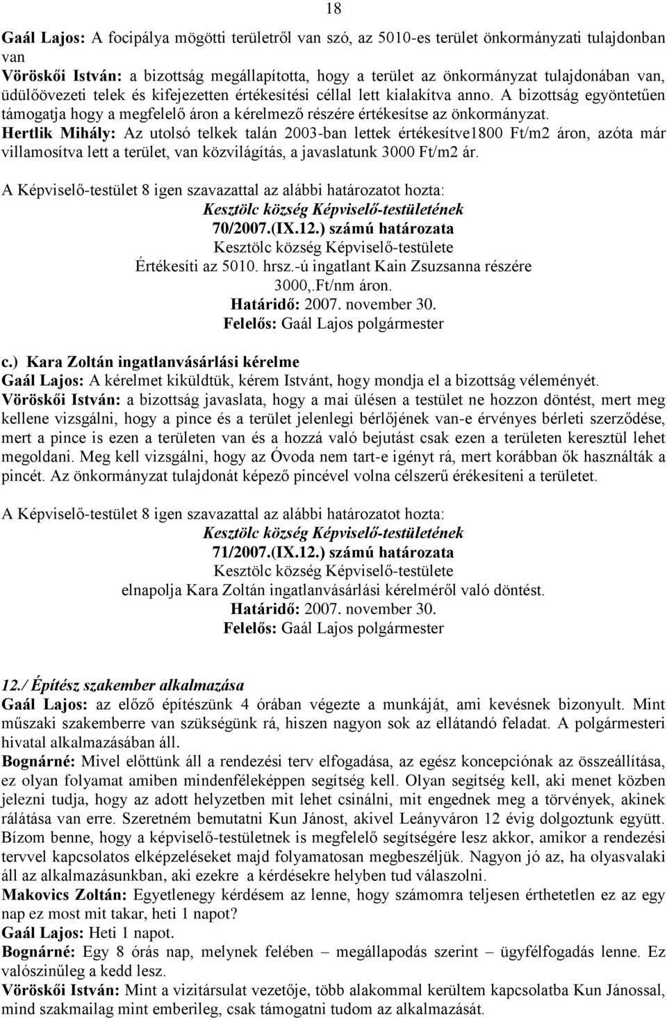 Hertlik Mihály: Az utolsó telkek talán 2003-ban lettek értékesítve1800 Ft/m2 áron, azóta már villamosítva lett a terület, van közvilágítás, a javaslatunk 3000 Ft/m2 ár.