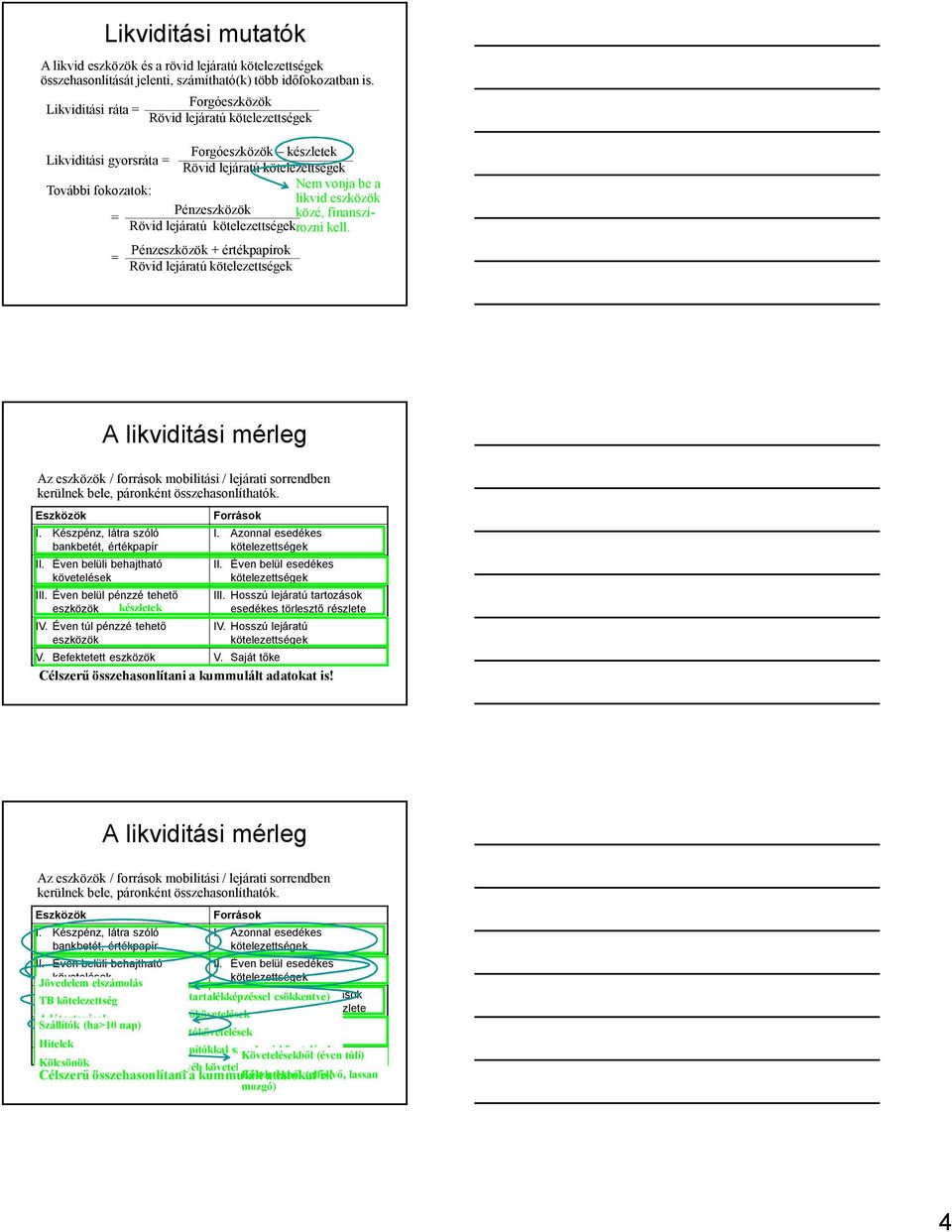 Pénz + értékpapírok Rövid lejáratú A likviditási mérleg Az / források mobilitási / lejárati sorrendben kerülnek bele, páronként összehasonlíthatók. Eszközök I.