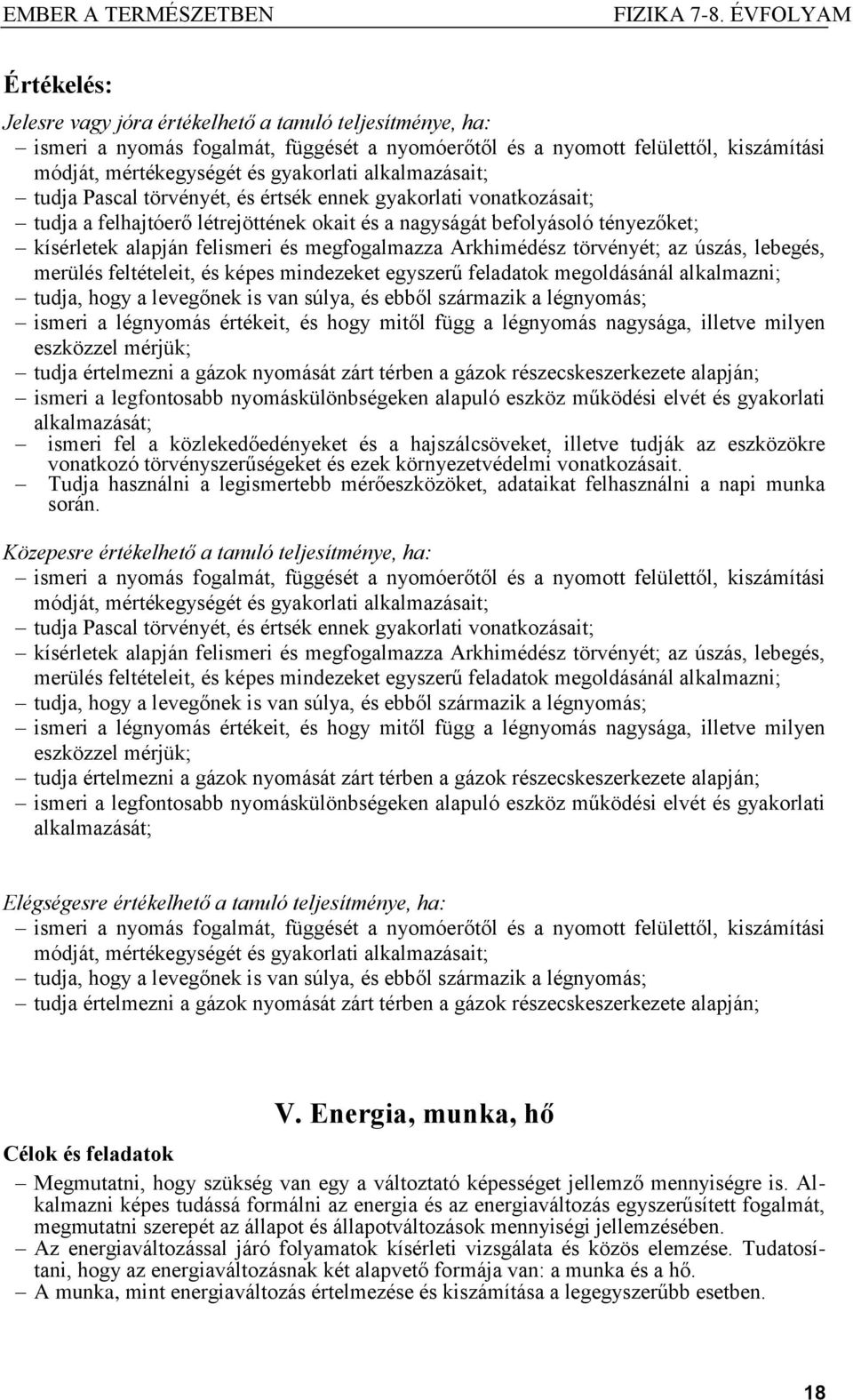 megfogalmazza Arkhimédész törvényét; az úszás, lebegés, merülés feltételeit, és képes mindezeket egyszerű feladatok megoldásánál alkalmazni; tudja, hogy a levegőnek is van súlya, és ebből származik a