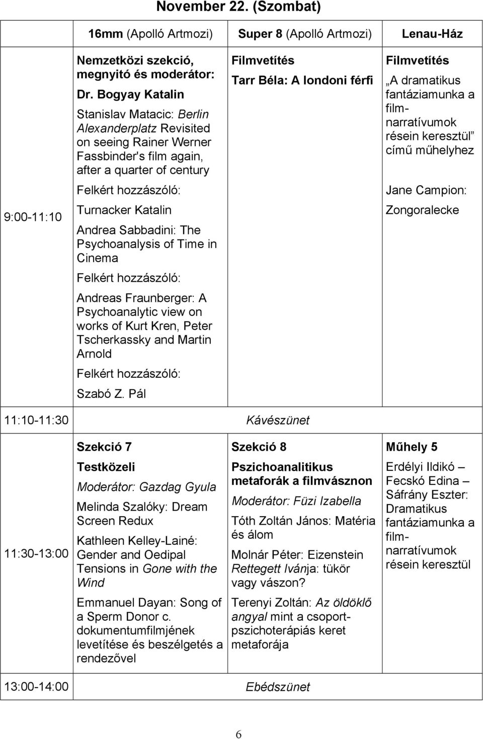 dramatikus fantáziamunka a filmnarratívumok résein keresztül című műhelyhez Felkért hozzászóló: Jane Campion: 9:00-11:10 Turnacker Katalin Andrea Sabbadini: The Psychoanalysis of Time in Cinema
