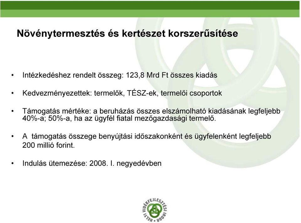 elszámolható kiadásának legfeljebb 40%-a; 50%-a, ha az ügyfél fiatal mezőgazdasági termelő.