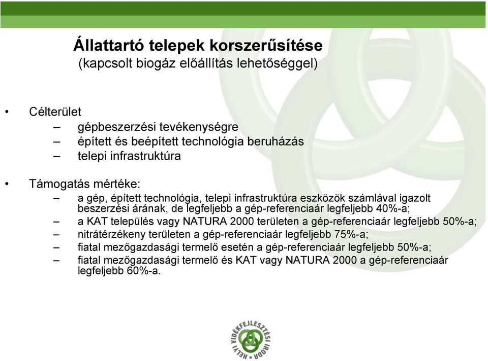 gép-referenciaár legfeljebb 40%-a; a KAT település vagy NATURA 2000 területen a gép-referenciaár legfeljebb 50%-a; nitrátérzékeny területen a gép-referenciaár