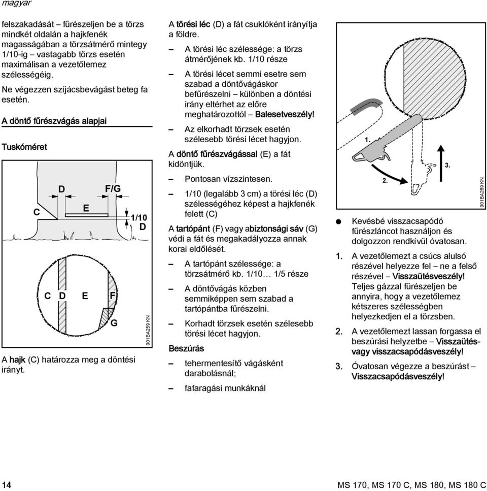 E G 1/10 D 001BA259 K A törési léc (D) a fát csuklóként irányítja a földre. A törési léc szélessége: a törzs átmérőjének kb.