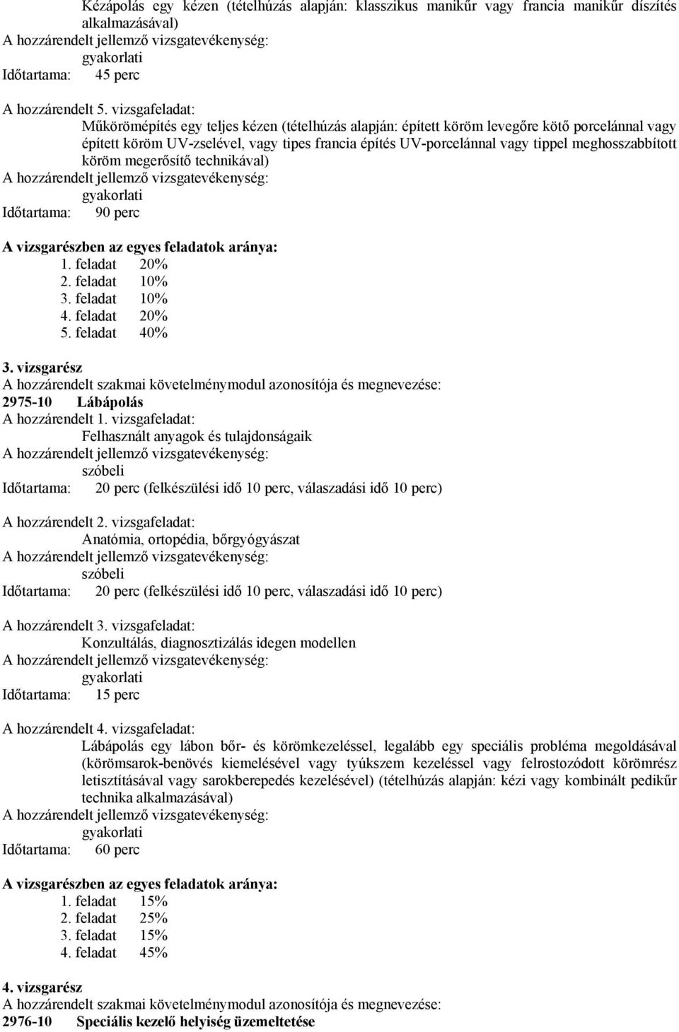 meghosszabbított köröm megerősítő technikával) gyakorlati Időtartama: 90 perc vizsgarészben az egyes feladatok aránya: 1. feladat 20% 2. feladat 10% 3. feladat 10% 4. feladat 20% 5. feladat 40% 3.