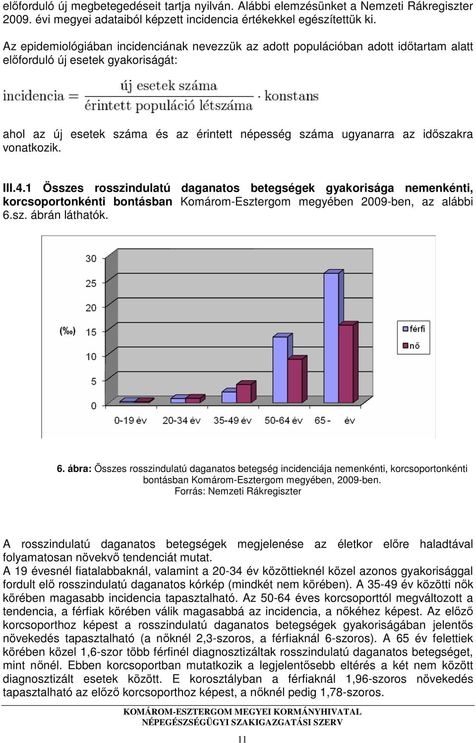 vonatkozik. III.4.1 Összes rosszindulatú daganatos betegségek gyakorisága nemenkénti, korcsoportonkénti bontásban Komárom-Esztergom megyében 2009-ben, az alábbi 6.