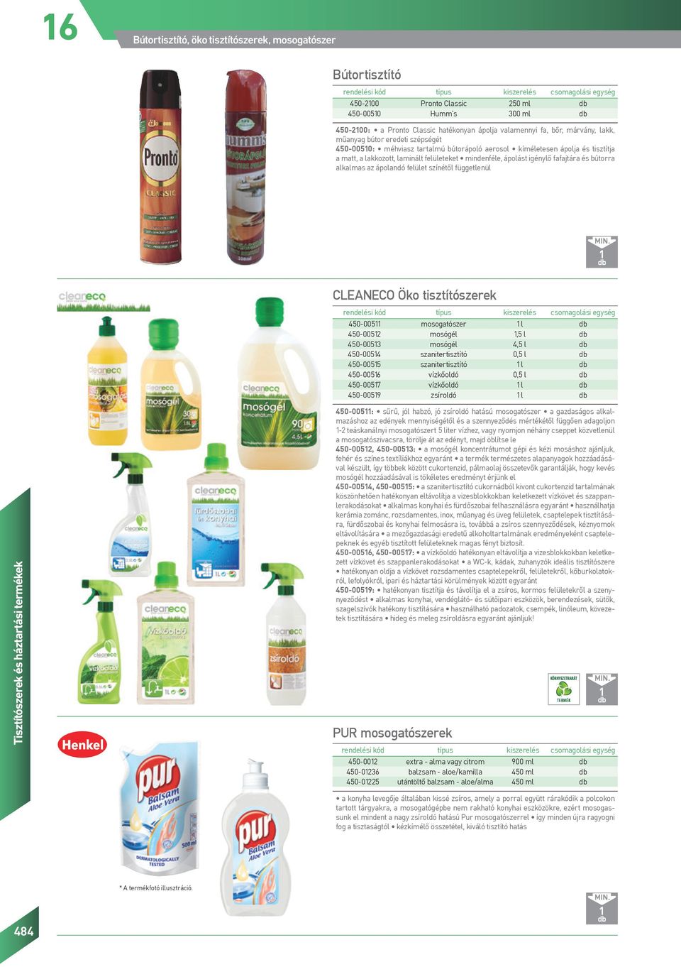 bútorra alkalmas az ápolandó felület színétől függetlenül Cleaneco Öko tisztítószerek 450-005 mosogatószer l 450-0052 mosógél,5 l 450-0053 mosógél 4,5 l 450-0054 szanitertisztító 0,5 l 450-0055