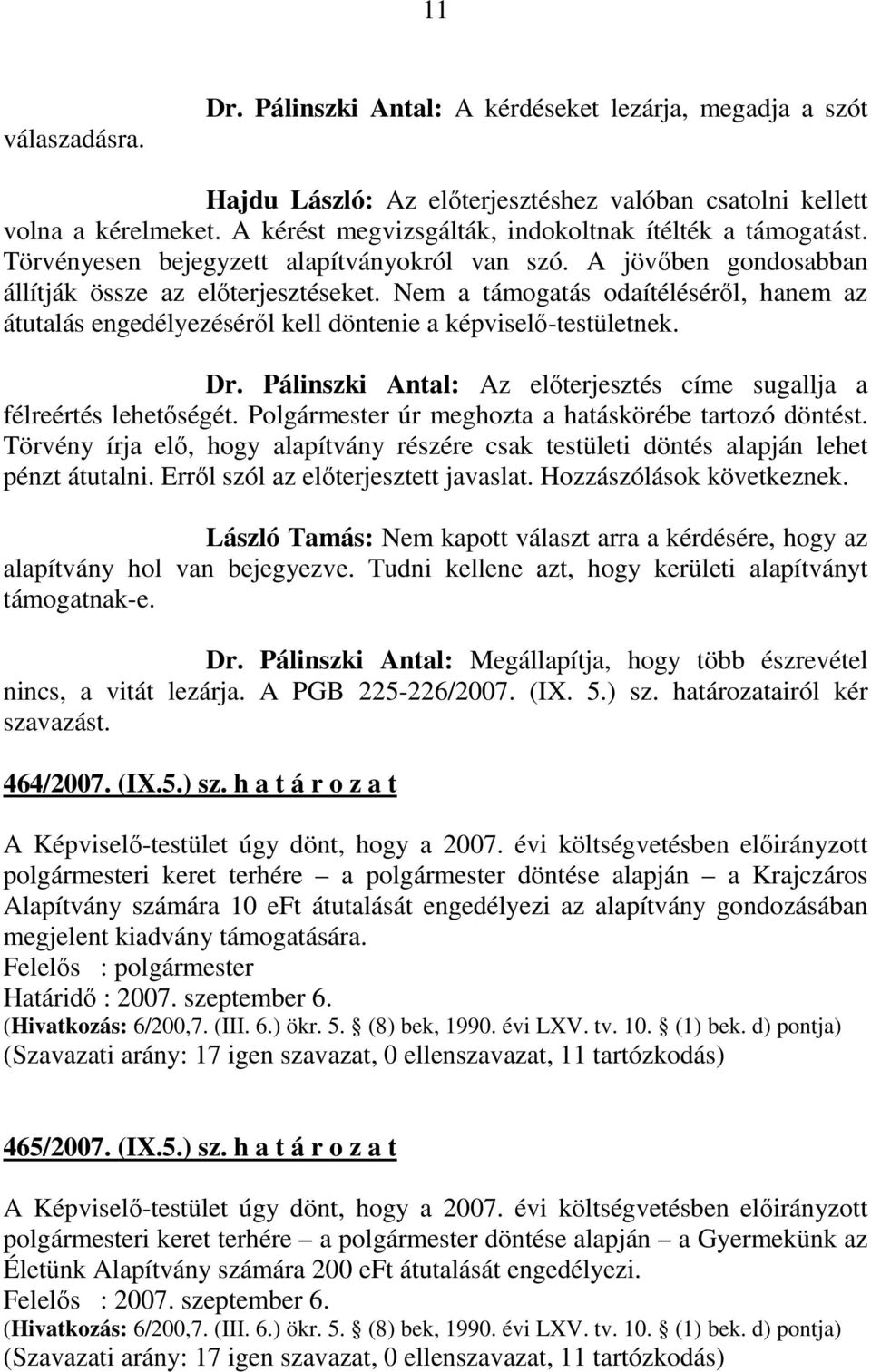 Nem a támogatás odaítélésérıl, hanem az átutalás engedélyezésérıl kell döntenie a képviselı-testületnek. Dr. Pálinszki Antal: Az elıterjesztés címe sugallja a félreértés lehetıségét.