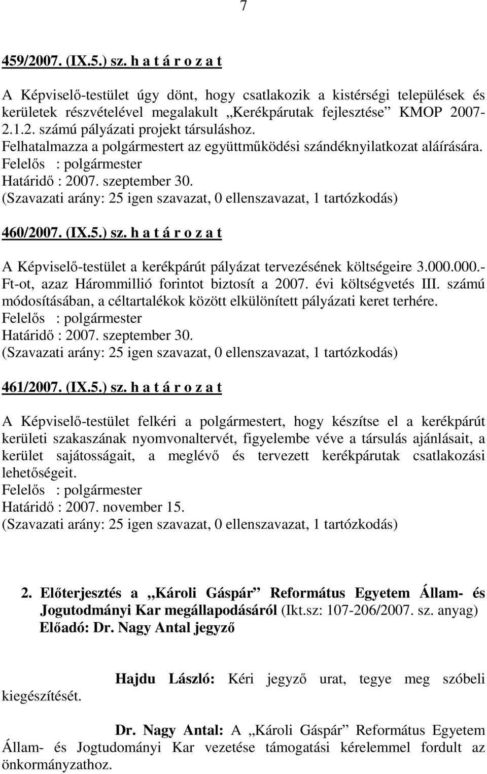 (Szavazati arány: 25 igen szavazat, 0 ellenszavazat, 1 tartózkodás) 460/2007. (IX.5.) sz. h a t á r o z a t A Képviselı-testület a kerékpárút pályázat tervezésének költségeire 3.000.