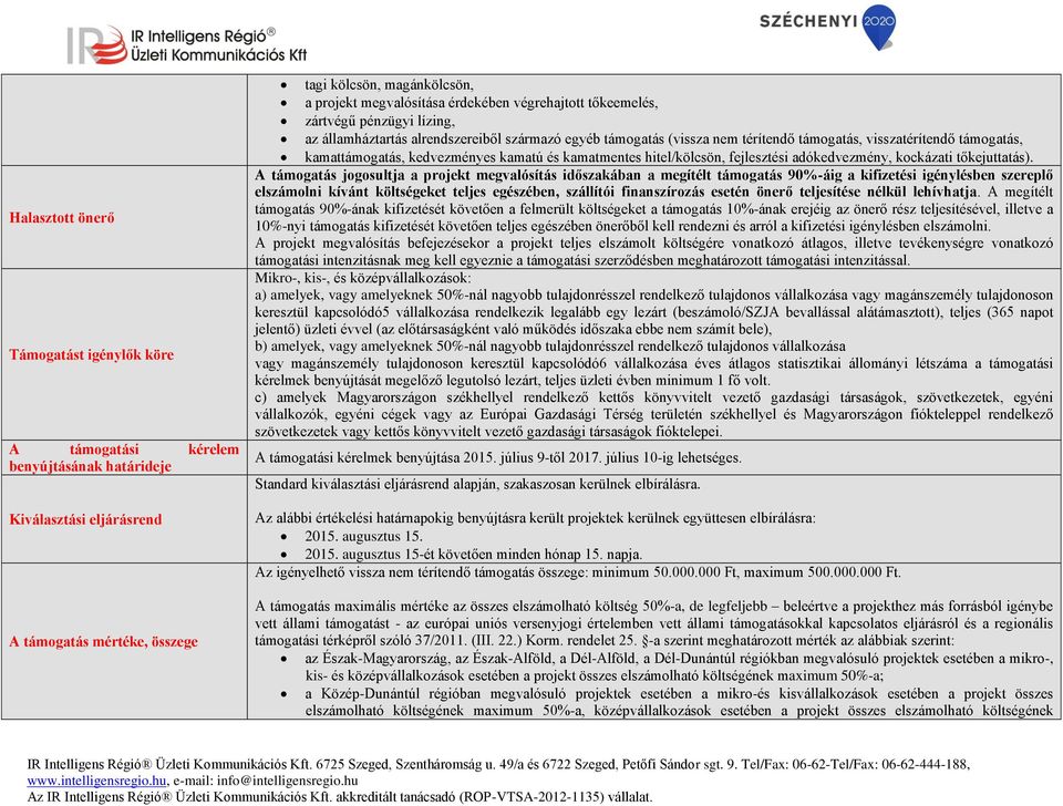 kedvezményes kamatú és kamatmentes hitel/kölcsön, fejlesztési adókedvezmény, kockázati tőkejuttatás).