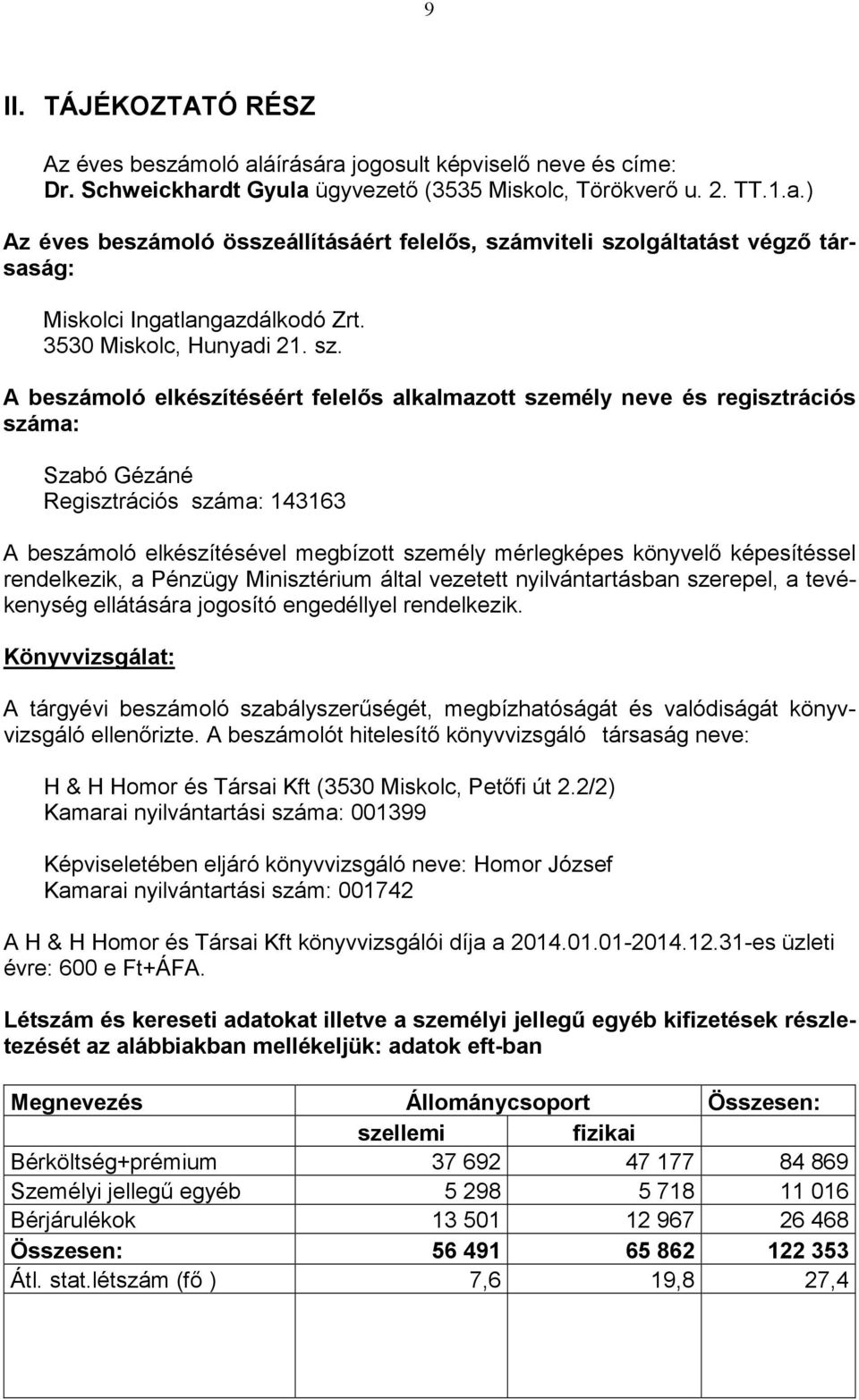 A beszámoló elkészítéséért felelős alkalmazott személy neve és regisztrációs száma: Szabó Gézáné Regisztrációs száma: 143163 A beszámoló elkészítésével megbízott személy mérlegképes könyvelő