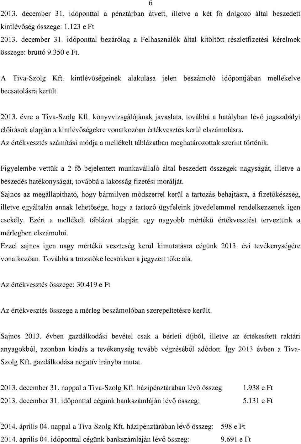 könyvvizsgálójának javaslata, továbbá a hatályban lévő jogszabályi előírások alapján a kintlévőségekre vonatkozóan értékvesztés kerül elszámolásra.