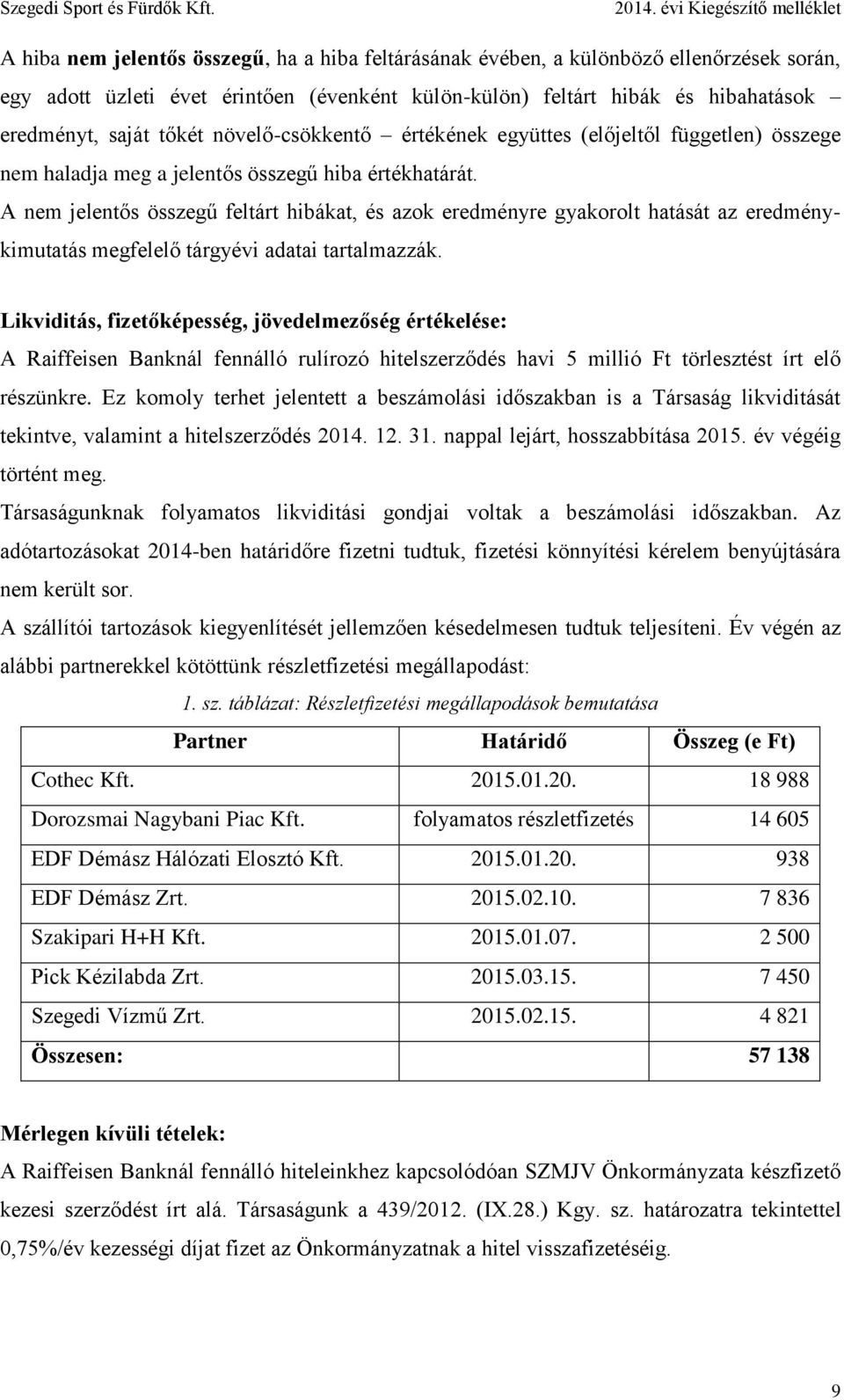 A nem jelentős összegű feltárt hibákat, és azok eredményre gyakorolt hatását az eredménykimutatás megfelelő tárgyévi adatai tartalmazzák.