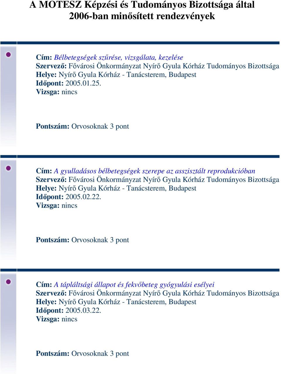 Pontszám: Orvosoknak 3 pont Cím: A gyulladásos bélbetegségek szerepe az asszisztált reprodukcióban Szervező: Fővárosi Önkormányzat Nyírő Gyula Kórház Tudományos Bizottsága Helye: Nyírő Gyula