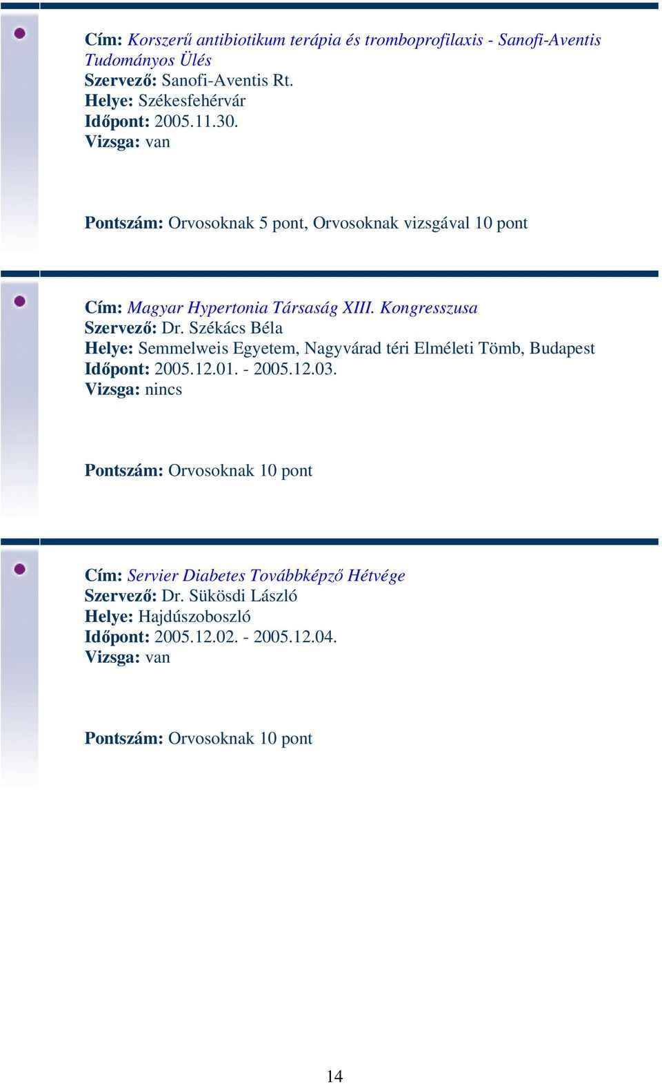 Pontszám: Orvosoknak 5 pont, Orvosoknak vizsgával 10 pont Cím: Magyar Hypertonia Társaság XIII. Kongresszusa Szervező: Dr.