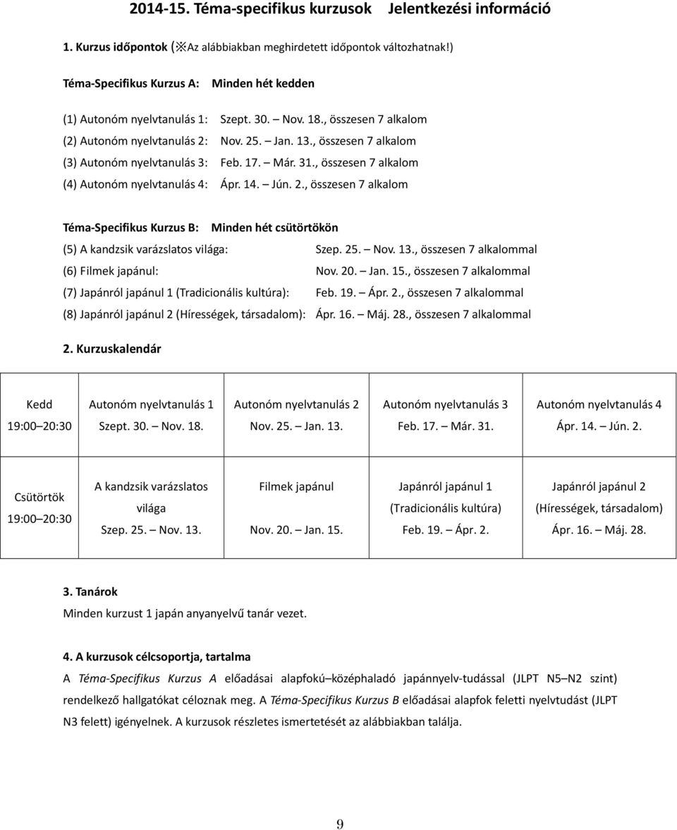 , összesen 7 alkalom (3) Autonóm nyelvtanulás 3: Feb. 17. Már. 31., összesen 7 alkalom (4) Autonóm nyelvtanulás 4: Ápr. 14. Jún. 2.