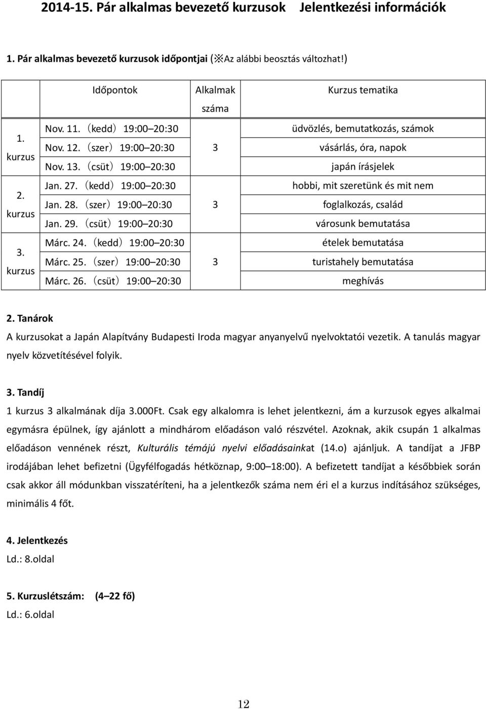 (szer)19:00 20:30 Jan. 29.(csüt)19:00 20:30 3 hobbi, mit szeretünk és mit nem foglalkozás, család városunk bemutatása 3. kurzus Márc. 24.(kedd)19:00 20:30 Márc. 25.(szer)19:00 20:30 Márc. 26.