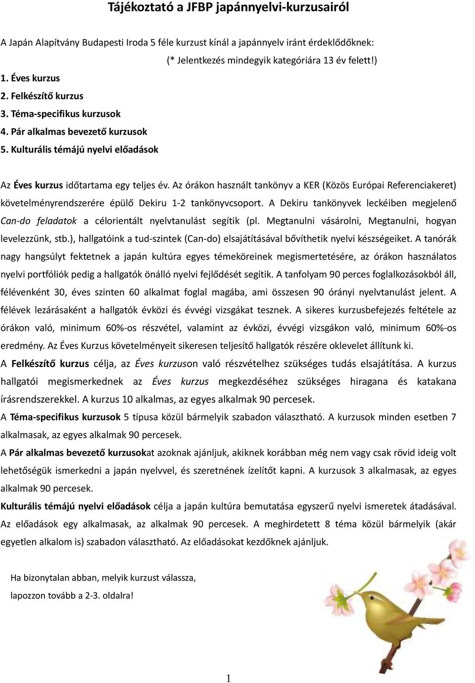 Az órákon használt tankönyv a KER (Közös Európai Referenciakeret) követelményrendszerére épülő Dekiru 1-2 tankönyvcsoport.