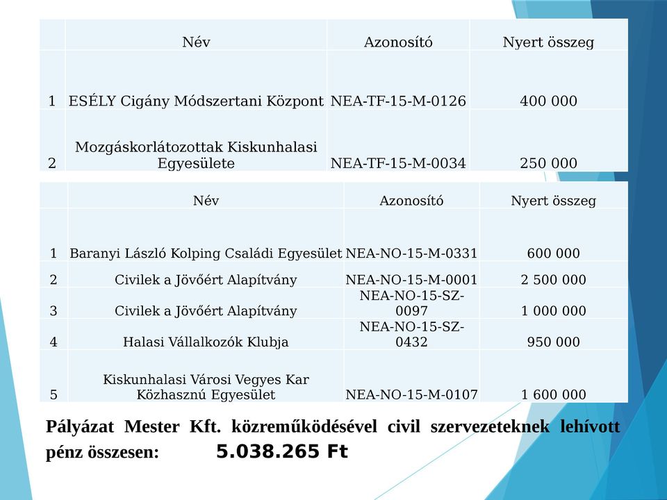 500 000 3 Civilek a Jövőért Alapítvány NEA-NO-15-SZ- 0097 1 000 000 4 Halasi Vállalkzók Klubja NEA-NO-15-SZ- 0432 950 000 5 Kiskunhalasi Vársi