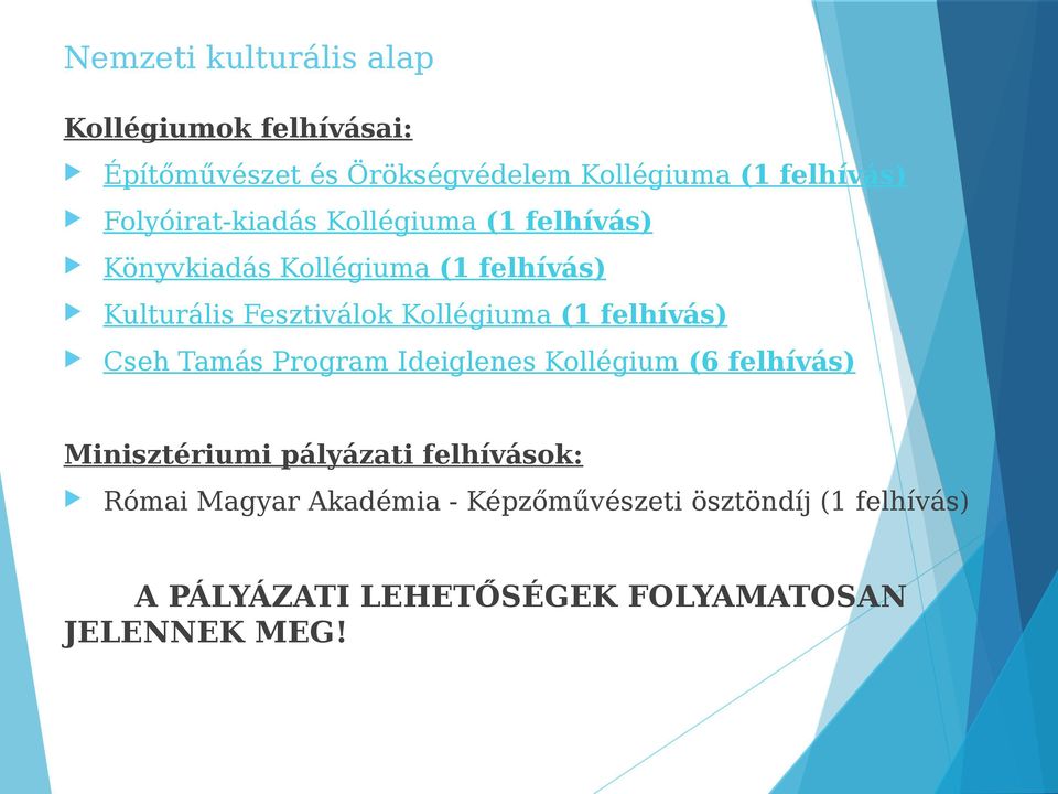 Kllégiuma (1 felhívás) Cseh Tamás Prgram Ideiglenes Kllégium (6 felhívás) Minisztériumi pályázati