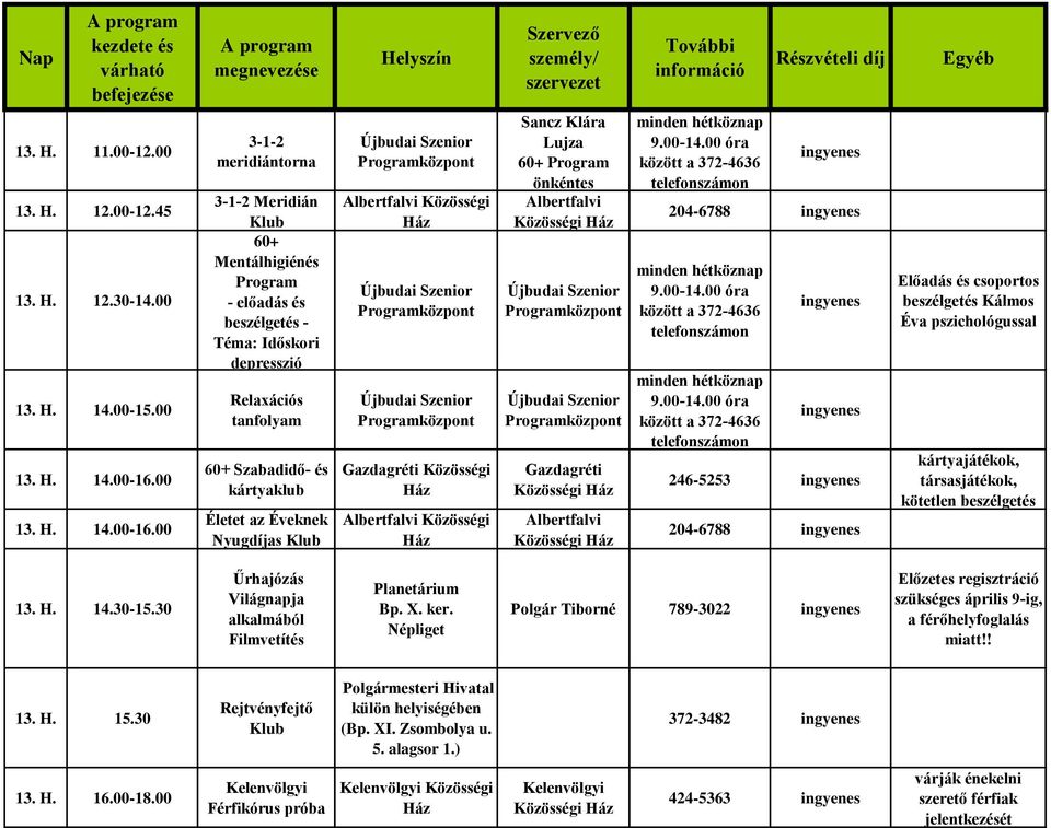 00 Meridián Klub 60+ Mentálhigiénés Program - előadás és beszélgetés - Téma: Időskori depresszió Relaxációs tanfolyam 60+ Szabadidő- és kártyaklub Életet az Éveknek Nyugdíjas Klub Közösségi Sancz