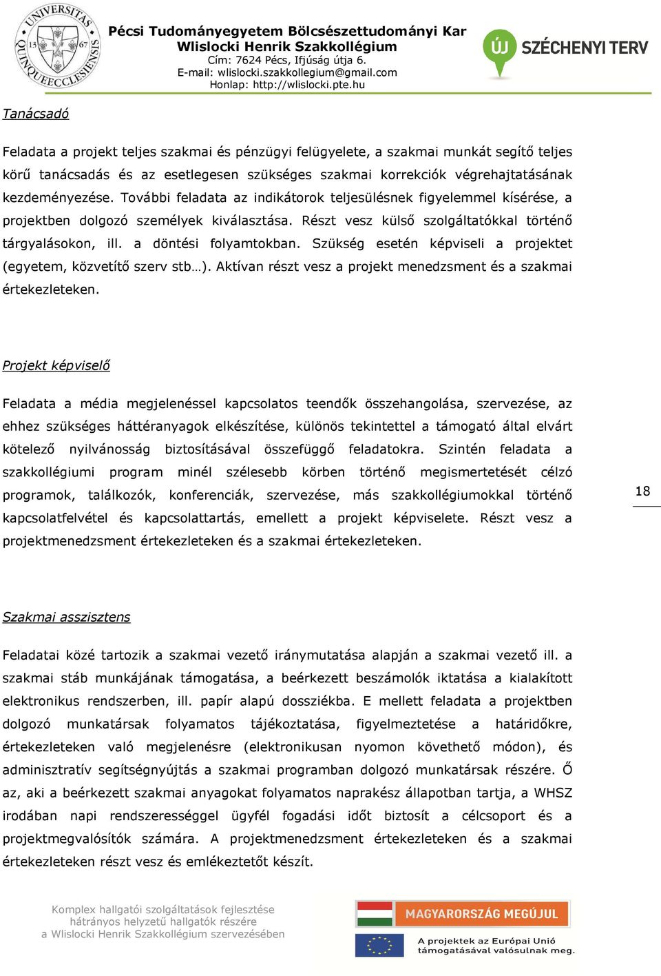 Szükség esetén képviseli a projektet (egyetem, közvetítő szerv stb ). Aktívan részt vesz a projekt menedzsment és a szakmai értekezleteken.