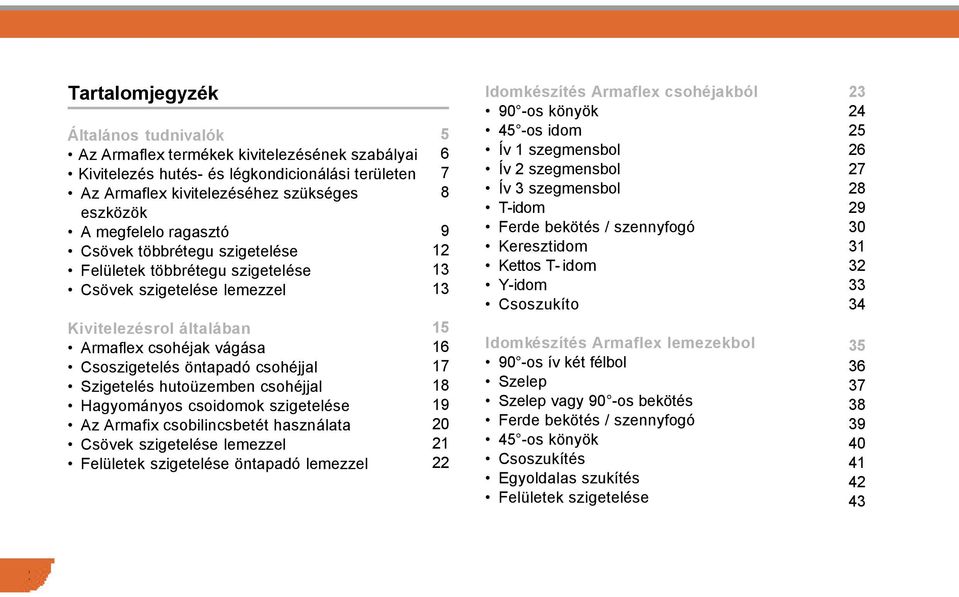 hutoüzemben csohéjjal Hagyományos csoidomok szigetelése Az Armafix csobilincsbetét használata Csövek szigetelése lemezzel Felületek szigetelése öntapadó lemezzel 5 6 7 8 9 12 13 13 15 16 17 18 19 20