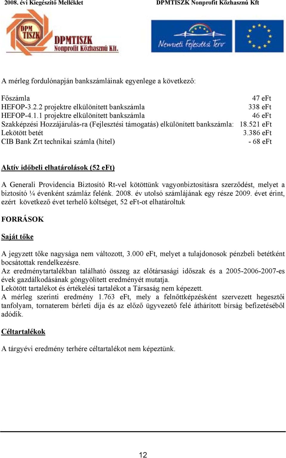 386 eft CIB Bank Zrt technikai számla (hitel) - 68 eft Aktív időbeli elhatárolások (52 eft) A Generali Providencia Biztosító Rt-vel kötöttünk vagyonbiztosításra szerződést, melyet a biztosító ¼