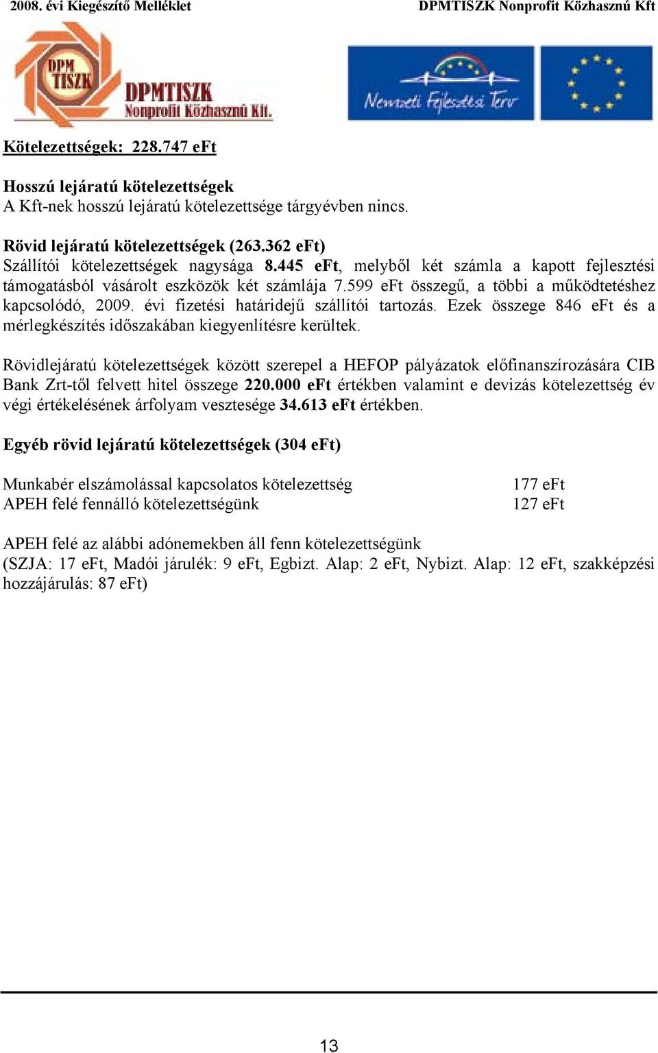 599 eft összegű, a többi a működtetéshez kapcsolódó, 2009. évi fizetési határidejű szállítói tartozás. Ezek összege 846 eft és a mérlegkészítés időszakában kiegyenlítésre kerültek.