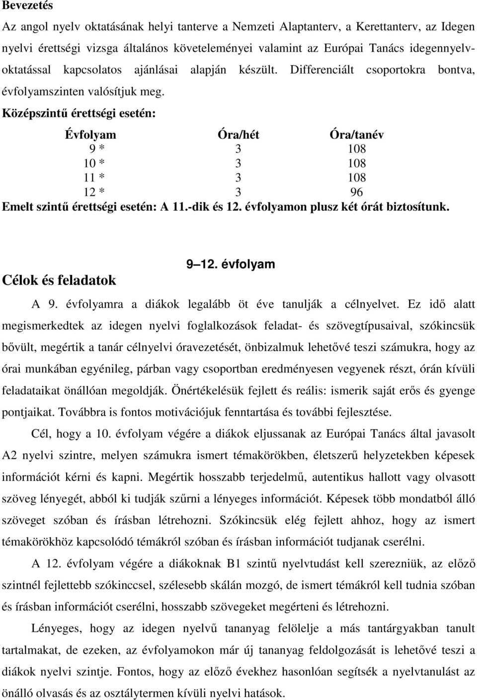 Középszintű érettségi esetén: Évfolyam Óra/hét Óra/tanév 9 * 3 108 10 * 3 108 11 * 3 108 12 * 3 96 Emelt szintű érettségi esetén: A 11.-dik és 12. évfolyamon plusz két órát biztosítunk.