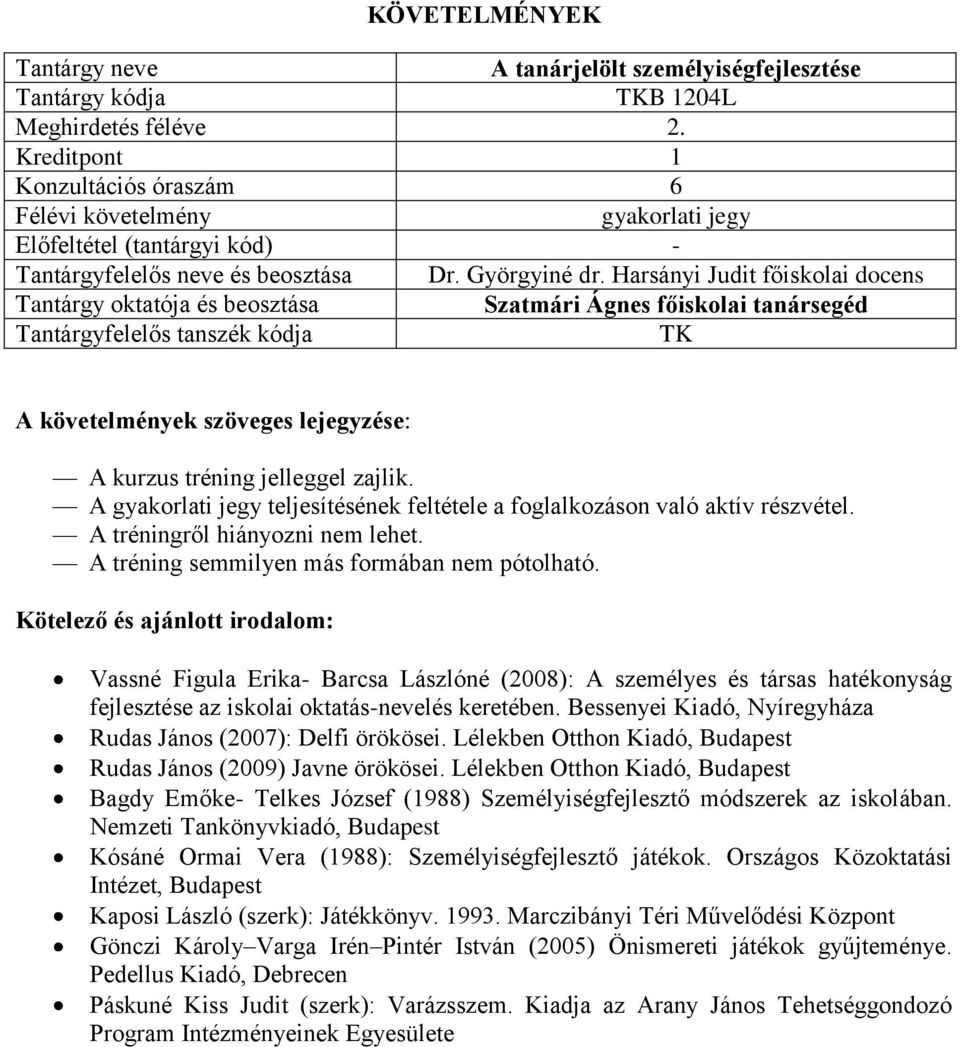 A tréning semmilyen más formában nem pótolható. Vassné Figula Erika- Barcsa Lászlóné (2008): A személyes és társas hatékonyság fejlesztése az iskolai oktatás-nevelés keretében.