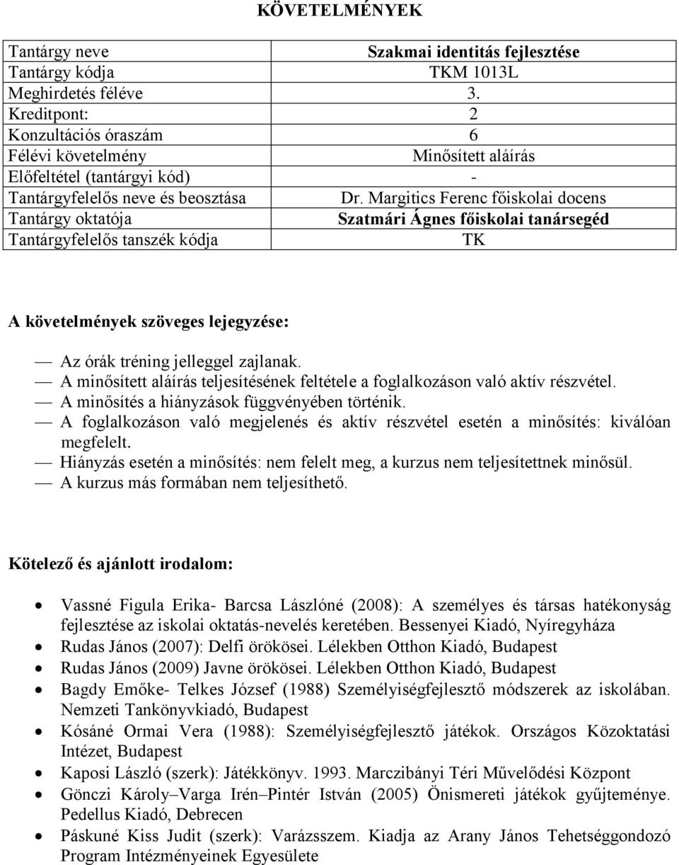 A minősítés a hiányzások függvényében történik. A foglalkozáson való megjelenés és aktív részvétel esetén a minősítés: kiválóan megfelelt.