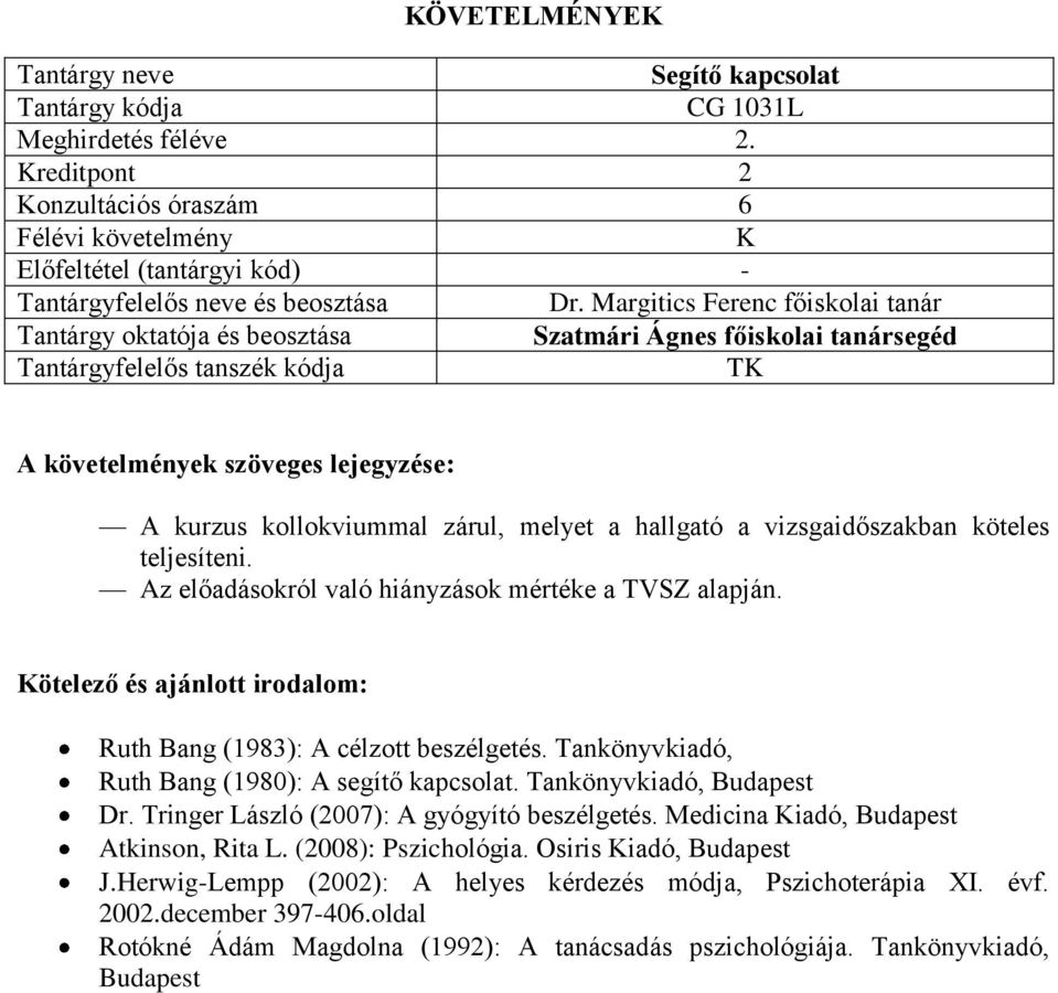 Ruth Bang (1983): A célzott beszélgetés. Tankönyvkiadó, Ruth Bang (1980): A segítő kapcsolat. Tankönyvkiadó, Budapest Dr. Tringer László (2007): A gyógyító beszélgetés.