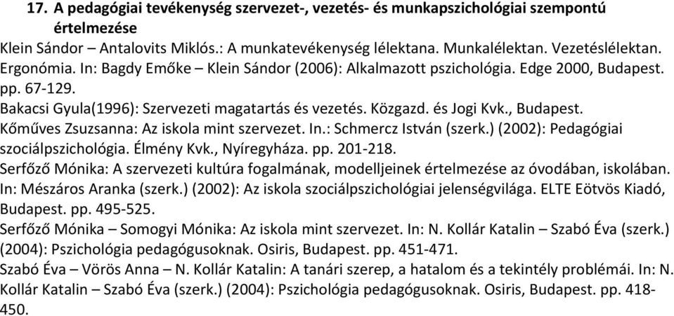 , Kőműves Zsuzsanna: Az iskola mint szervezet. In.: Schmercz István (szerk.) (2002): Pedagógiai szociálpszichológia. Élmény Kvk., Nyíregyháza. pp. 201 218.