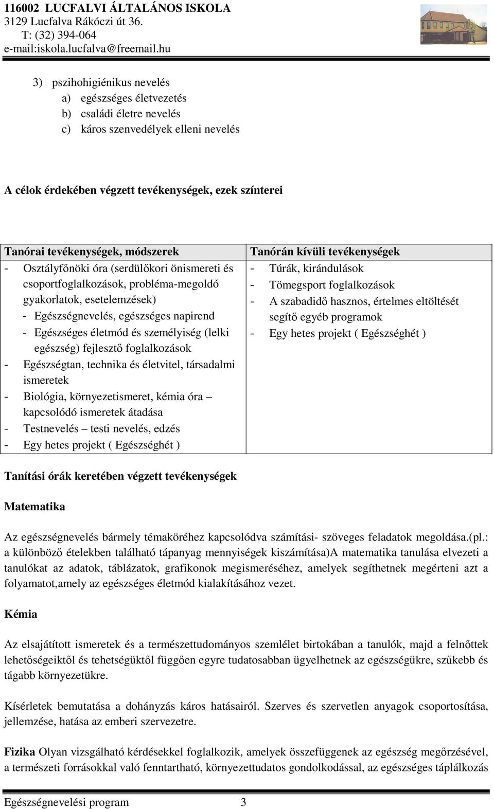 (lelki egészség) fejlesztő foglalkozások - Egészségtan, technika és életvitel, társadalmi ismeretek - Biológia, környezetismeret, kémia óra kapcsolódó ismeretek átadása - Testnevelés testi nevelés,